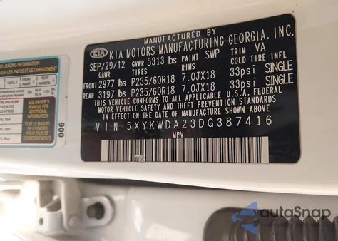 2013 Kia Sorento Sx V6 из США, поврежденный, VIN 5XYKWDA23DG387416